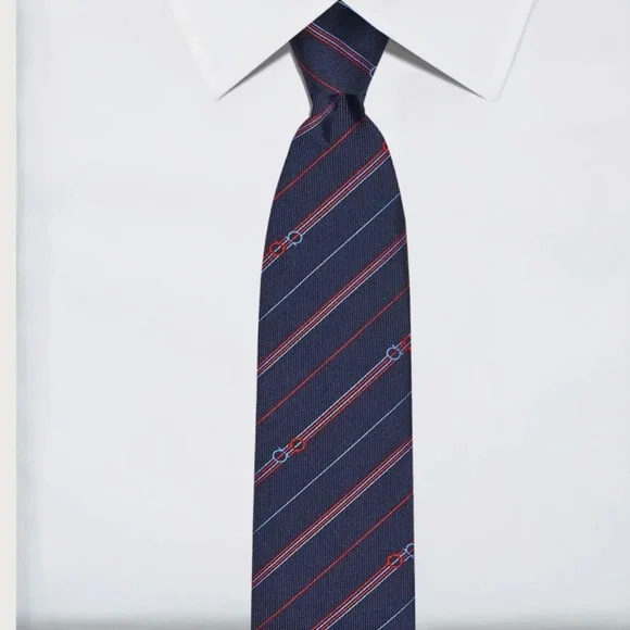 SALVATORE FERRAGAMO MENS SILK STRIPE TIE WITH LOGO NAVY BLUE NWT